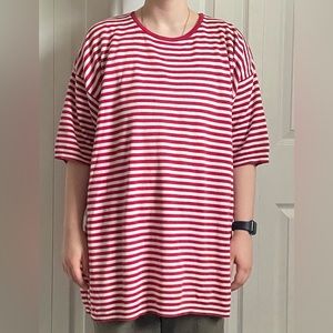 Red and white striped grandma picnic shirt